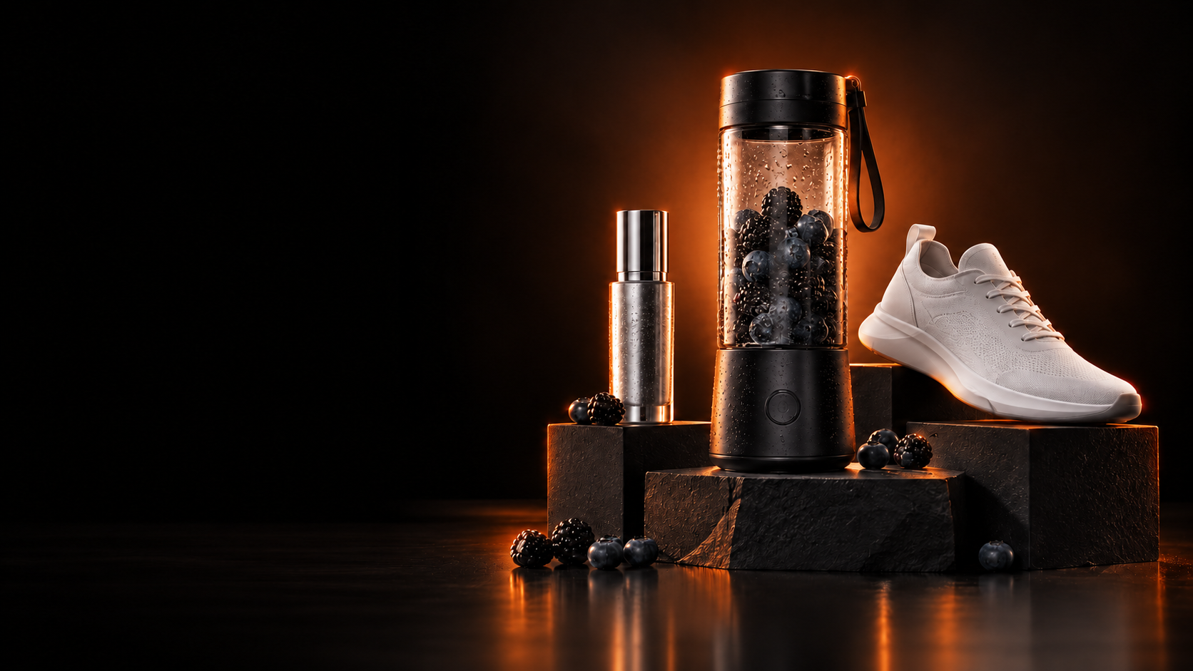 Produtos de marketplace apresentados em cenário premium com iluminação azul